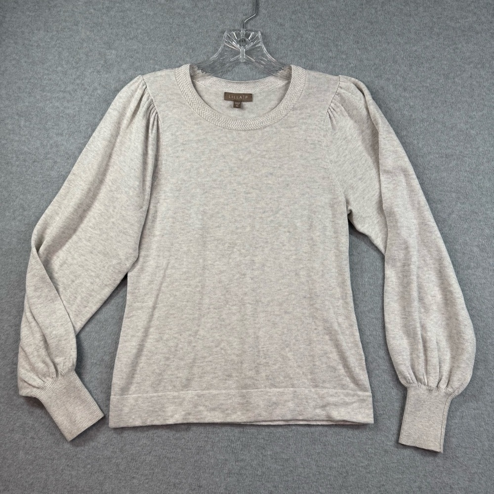 LILLA P Rib Trim Puff Sleeve Sweater Heather Gray Size XS Cotton Modal‎ - Picture 3 of 14